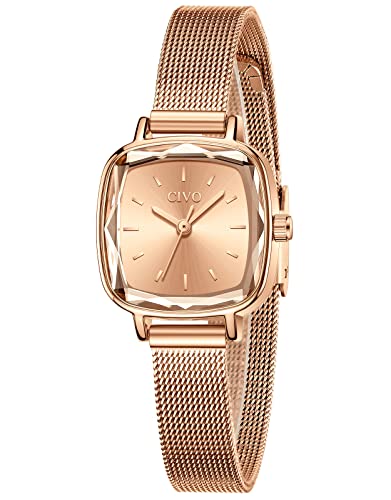 CIVO Rose Gold Womens Watches for Small Wrists, Luxury Waterproof Analog Quartz Square Watch Stainless Steel Ultra-Thin Minimalist Mesh Strap Fashion Elegant Ladies Watch Designer Gifts for Women