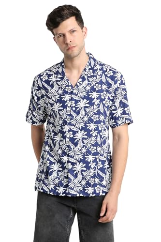 Image of Dennis Lingo Men's Rayon Blue Printed Relaxed Fit Cuban Collar Half Sleeve Casual Shirt