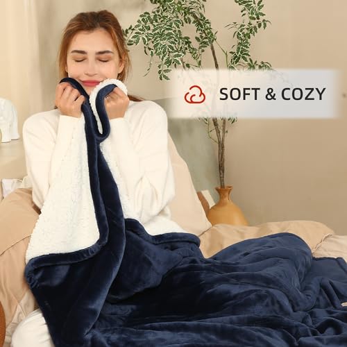 ESTINGO Heated Throw Blanket Electric Blanket, 50"x60" Heating Blanket with 5 Heating Levels & 4 Hours Auto Off, Reversible Flannel Sherpa Electric Throw Blanket with OverHeat Protection, Navy Blue by ESTINGO - Image 2
