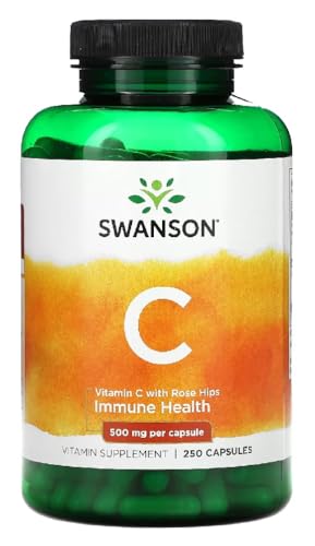 Swanson - VITAMIN C WITH ROSE HIPS - 500 MG | Vitamina C con Escaramujo | Apoyo para el Sistema Inmunológico - 250 Cápsulas