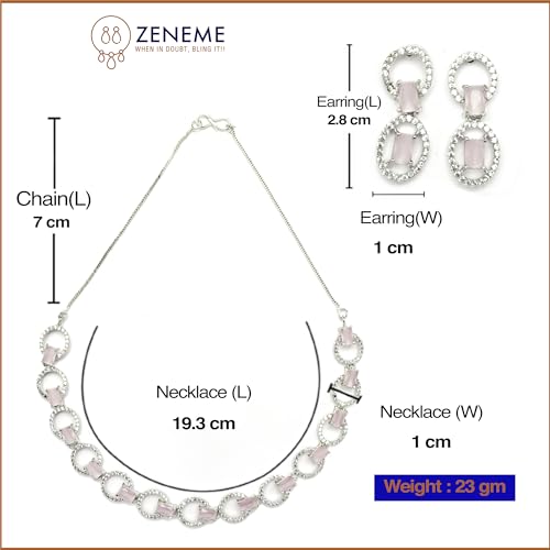 Image of ZENEME Rhodium-Plated American Diamond Studded Disc-Shaped Necklace With Earrings Jewellery Set For Girls and Women