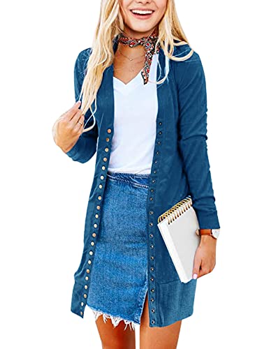 Merokeety Women's Long Sleeve Snap Button Down Solid Color Knit Ribbed Neckline Cardigans Teal #TOP4