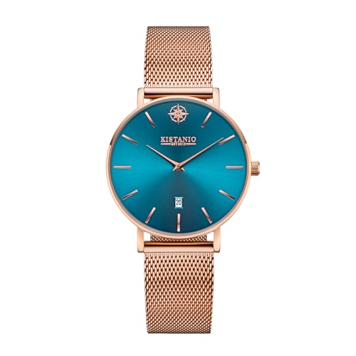 Kistanio Petit Damenuhr mit Milanaiseband Datum Edelstahl Rose Azurblau Saphirglas RG-AZS-M