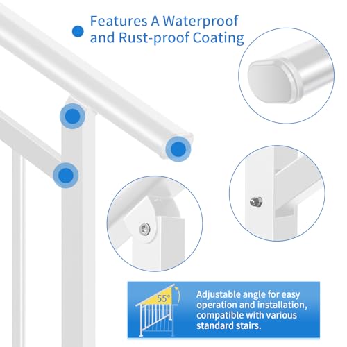Upgrade 2 in 1 Stair Handrail&Horizontal Railing, Adjustable 4 Step Stair Railing Kit, White Wrought Iron Handrails for Outdoor Steps,Concrete,Wood, Deck and Porch Hand Rails, with Installation Kits