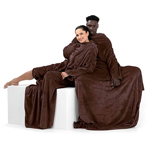 DecoKing Manta con Mangas de Microfibra y Bolsillos Forro Polar Suave y cálido con Compartimento para los pies 170x200 cm Marrón Lazy