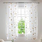 Gold Star Sheer Curtains 45 Inch Length for Boys Girls Nursery Bedroom - Cute Short White Sheer Curt
