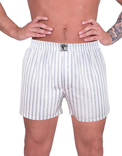 LUFT Mens Ultra Soft Stretch Linen Cotton Stripes Print Comfy Fit Elastic Waist Lightweight Seamless Underpants Underwear Mens Boys Casual Pull On Trunks Briefs Boxer Shorts, White & Blue XL