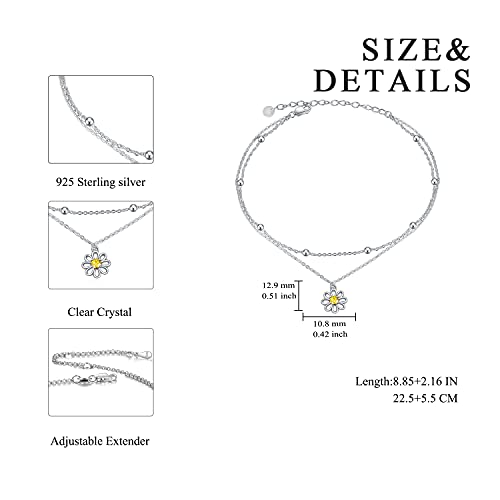 Image of POPLYKE 925 Sterling Silver Double Layered Chain Evil Eye Daisy Sunflower Butterfly Anklets for Women Holiday Beach Crystal Ankle Bracelet Dainty Evil Eye Jewelry