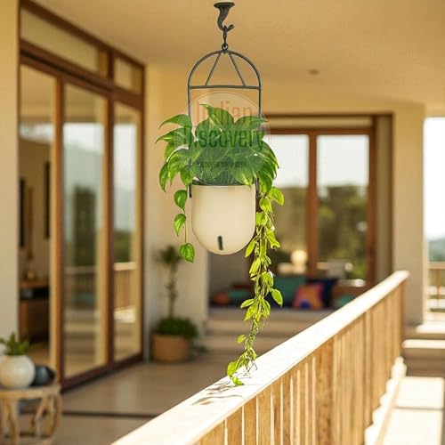 Image of Indian Discovery Self Watering Ceiling Hanging Planter|Hanging /Hooked Flower Pots for Home, Balcony, Vertical Garden Decor Flower Pots(1 PC,Ivory,Sphere)|6 Inch UV-Resistant Plastic Plant Pots