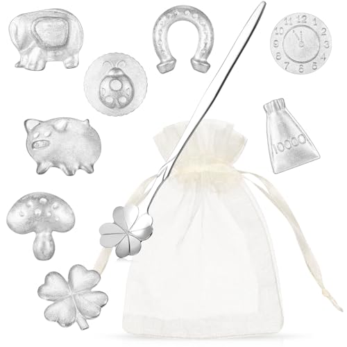 Namalú fundición de Estaño con 8 Figuras 1 Cuchara y bolsa de Organza Nochevieja Vertiendo el Juego de Fiesta de Adivinación La Alternativa Saludable al Yeso con Plomo Juegos de Fiesta de Nochevieja