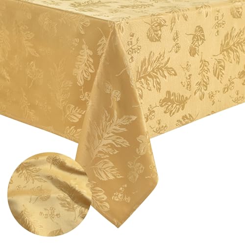 Elrene Home Fashions Elegant Woven Leaves Jacquard Damask Wrinkle Resistant Tablecloth, 60" x 120", Oblong, Gold by Elrene - Used condition - US$6.18