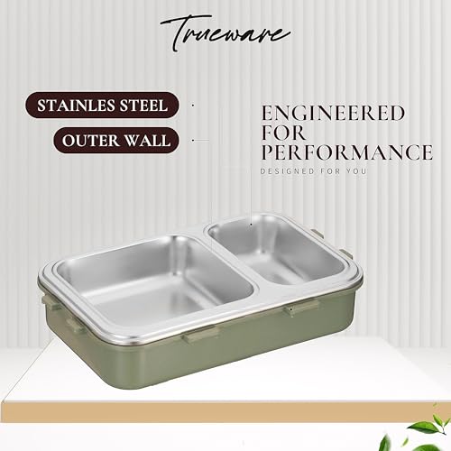 Image of Trueware Crest Lunch Box 2 Compartment Leak-Proof BPA Free Stainless Steel, Lunch Box for Kids, Lunch Box for School & Office with a Spoon, 580 ML