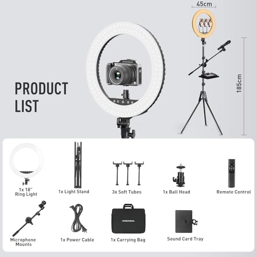 حلقة اضاءة احترافية مع حامل ثلاثي القوائم 18 انش، قابلة للتعديل 45 سم/3000-6500 كلفن باضاءة LED قابلة للتعتيم مع ميكروفون وحامل بطاقة صوت، للتصوير الفوتوغرافي لمصففي الشعر/الكاميرا الاحترافية/تيك توك/يوتيوب