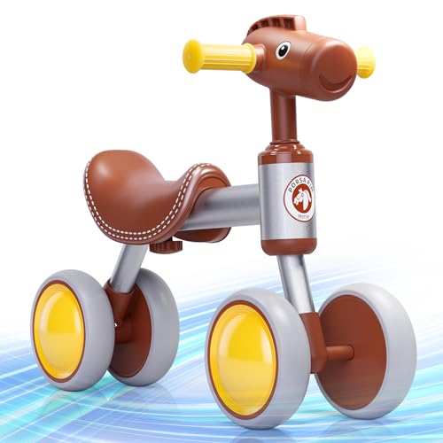 TWFRIC Balance Bike for 1+ Year Old Boys Girls, Toddler Balance Bike 12-36 Month No Pedal 4 Wheels Ride-on Baby Bike Riding Toys for 1 Year Old Birthday Gifts(Brown)
