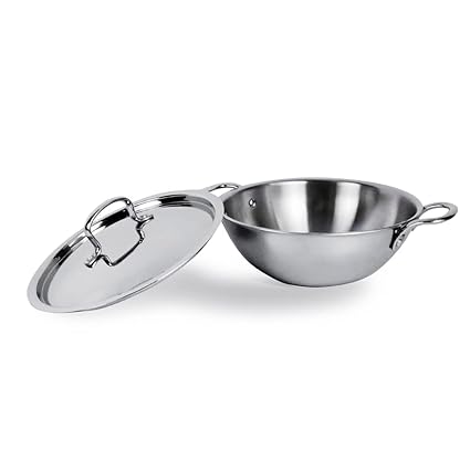Homestic Kadai with Lid | Triply Kadai with Lid | Induction Riveted Handle | Heat Surround Cooking | Stove & Induction Cookware | Extra Deep Frying Pan | 2.2 LTR | Silver