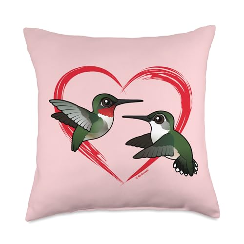 Ruby-throated Love Cute Cartoon Hummingbirds Birds in Flight Throw Pillow