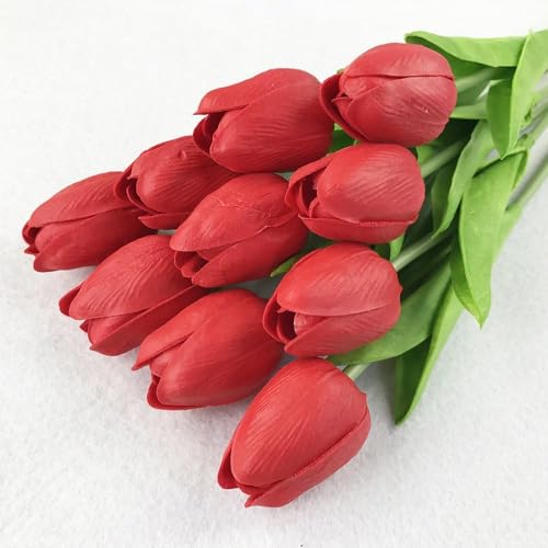 Image of Xtore inchSilk Tulip Bunch - Realistic Red Artificial Flowers for Home Decor (Pack of 10, RED)