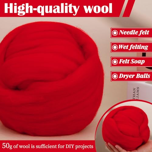 Image of Mayboos Wool Roving Yarn, 1.76oz Colored Natural Wool Roving,Wool Felting Supplies Pure Wool Chunky Yarn for Wet Felting handcrafts and Spinning (Red Color)