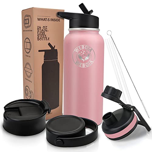 4 Lid Wide Mouth Water Bottles With Straw Stainless Steel Pink Sports Water Bottle Vacuum Insulated Flask Water Bottles Metal Double Wall Keep Cold 32 Oz Handle Dishwasher