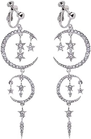 Usresu Clip on Earrings Vintage Star Moon Tassels Dangle Rhinestone Silver-tone Plated