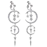 Usresu Clip on Earrings Vintage Star Moon Tassels Dangle Rhinestone Silver-tone Plated