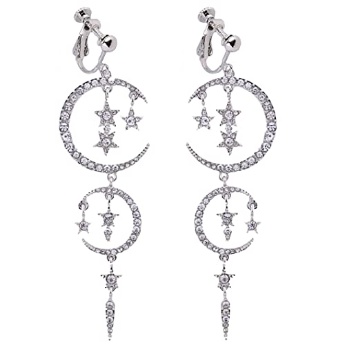 Usresu Clip On Earrings Vintage Star Moon Tassels Dangle Rhinestone Silver-Tone Plated #TOP1