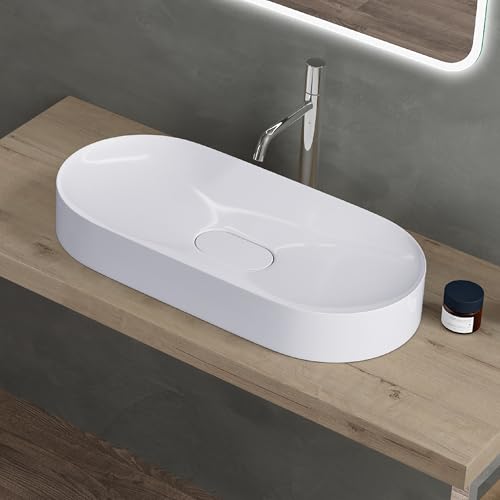 doporro Vasque à Poser Ovale Blanc Lavabo de Salle de Bains Évier 71x35,5x10cm Lave Mains avec Cache Bonde Colossum826
