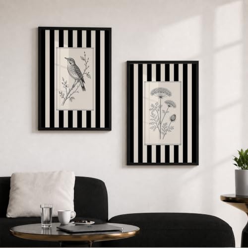 Image of Vintage Black White Wall Art Frames for Living Room Bedroom - Minimalist Botanical & Bird Stripe Wall Painting Set | Modern Aesthetic Monochrome Home Wall Decor with Frame (Art 17, 13x19 Inches, Black)