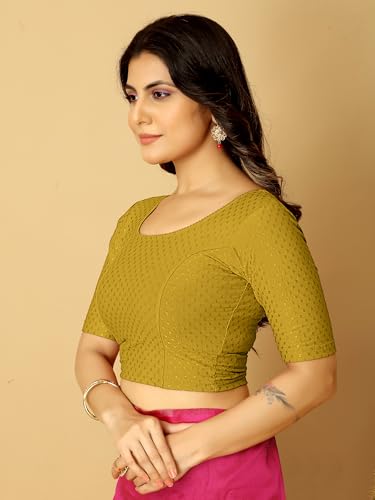 Image of Amazon Brand - Anarva Round Neck Dobby Cotton Lycra Stretchable Elbow Half Sleeve Readymade Saree Blouse for Women Stylish