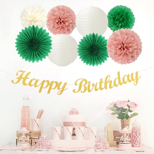 Image of Sage-Green Pink Birthday Party-Decorations Paper-Flowers - 14pcs Happy Banner Spring Lanterns Tissue Pom Poms,Boho Streamers Garland Fans,Neutral Rustic Garden Office Hanging Supplies Decor Hugfond