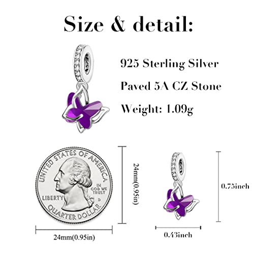 Butterfly Charm For Bracelet 925 Sterling Silver Purple Butterfly Dangle Charm For Charm Bracelet And Necklace Birthday Mothers Valentines Day Flower Jewelry Gifts For Women & Girls #TOP3