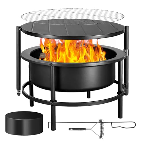 28 Inch Fire Pit with Grill, Wood Burning Fire Pits