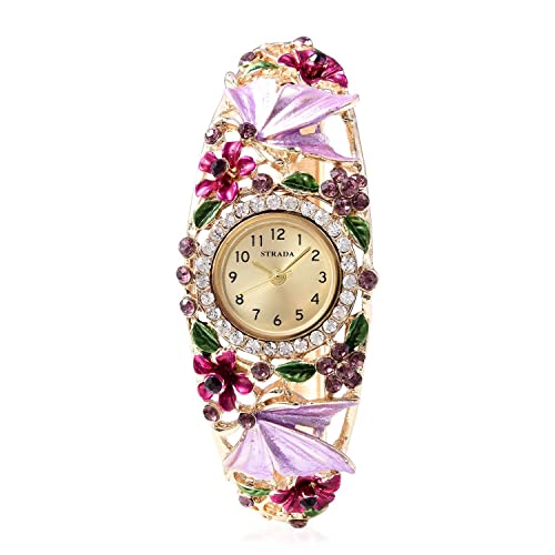 Strada Purple And White Crystal Japanese Movement Water Bangle Watch In Gold Plated With Stainless Steel Back Wrist Jewelry Gifts Fashion Analog Digital Classic Timer Birthday Gifts #TOP23