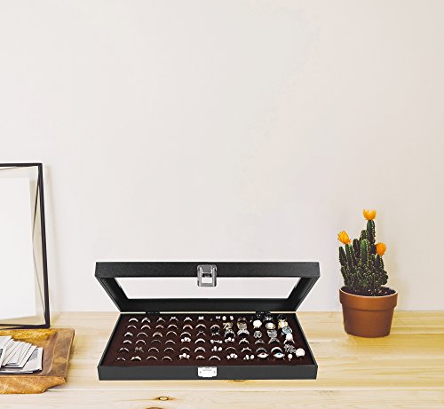 JackCubeDesign Jewelry Ring Display Organizer Storage Box Case Tray Holder with 72 Slot Ring Display(Black, Inside Brown Velvet, 14.7 x 8.3 x 1.97 inches)-:MK248B