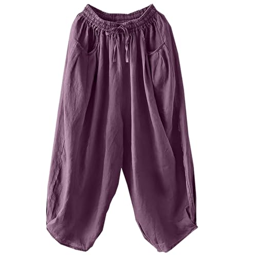 Linen Trousers Baggy Elastic Waist Summer Trousers for Women UK Drawstring Smart Harem Pants Moisture Wicking Workout Joggers Pull On Breathable Athle