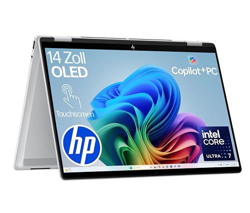 HP OmniBook X Flip 2in1 Next Gen AI Laptop | Intel Core Ultra 7 256V | dedizierte NPU für KI | 47 NPU Tops | Copilot+ PC | 14 3K 2880x1800 OLED Touchscreen | 16GB | 1TB SSD | Win11 | QWERTZ | Silber