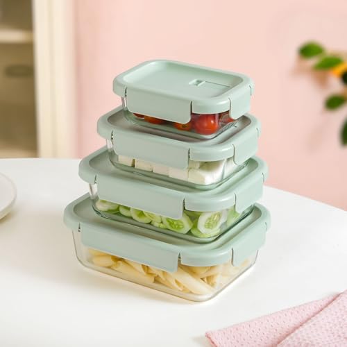 Image of Nestasia Borosilicate Glass Containers with Clip Locks Set of 4 (370ml, 660ml, 1L, 1.5L) - Airtight & Leakproof Containers with Air Vent Lid for Fridge Storage | Microwave & Dishwasher Safe (Green)