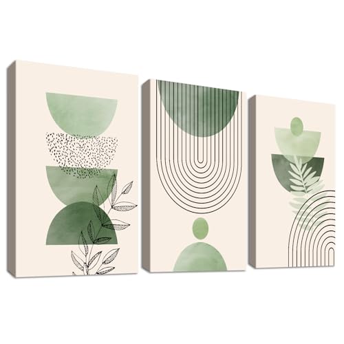 Image of 3 Pcs Wooden Framed Canvas Wall Art Set Sage Green Boho Canvas Prints Poster Minimalist Geometric Beige Green Pictures for Living Room Bedroom Dinning Room Hallway Stairs Wall Decor 40x60cm x3pcs