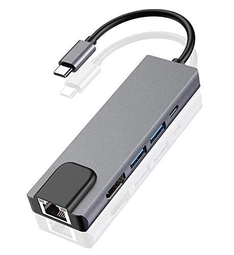 Image of USB HUB Type C 5 in 1 Adapter, USB C to HDMI,Ethernet (RJ45), USB 3.0 Multiport Connector,Type C 4k HDMI Port,Type C 1000m LAN Port,5 in 1 Type C Network Adapter (USB C to 5 in 1 with RJ45 HUB)