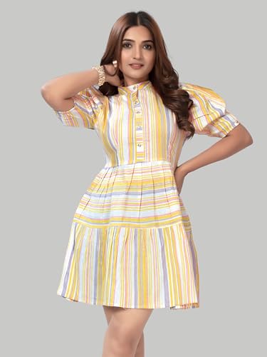 Image of Women's Cotten Light Colour Western Stripe Dress, Knee Length Puff Slevee