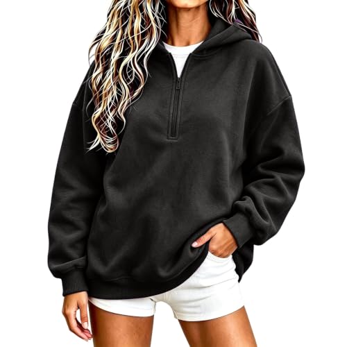 Womens Quarter Zip Pullover Fleece Hooded Oversized Sweatshirts | Long Sleeve, 1/4 Zipper, Ribbed Sleeve Cuffs, Drop Shoulder, Fall, Workout, Athletic, Pullover Hoodies, Black, 2XL — view 2
