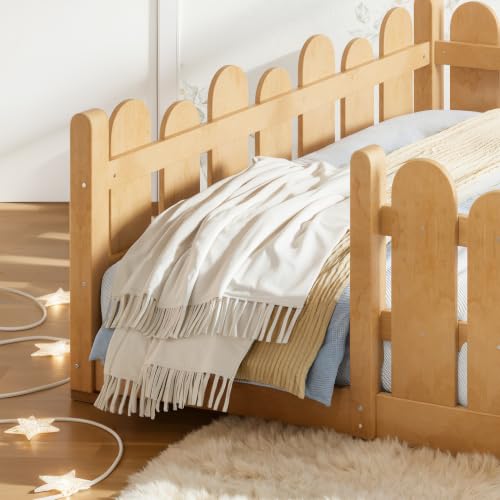 Image of Bellemave Full Size Kids Montessori Floor Bed,Floor Bed Frame with Rounded Safety Guardrail,Solid Wood Montessori Bed for Girls Boys,Natural