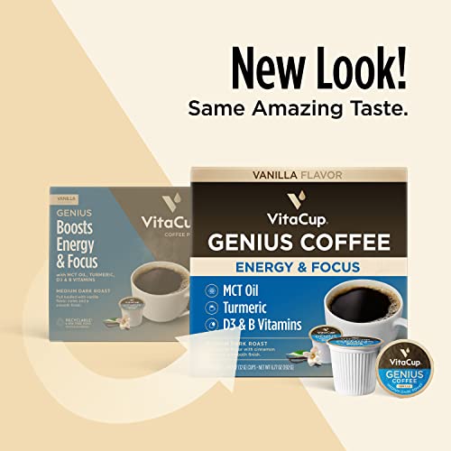 Vitacup Genius Vanilla Keto Coffee Pods W/Mct Oil, Turmeric, B Vitamins, & D3 For Energy & Focus In Recyclable Single Serve Pod Compatible With K-Cup Brewers Including Keurig 2.0, 16 Ct #TOP4