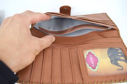 Vegan Leather Poppy Flower Embroidered Flat Bi-Fold Wallet, Women's Brown Faux Leather Flat Bi-fold Wallet4