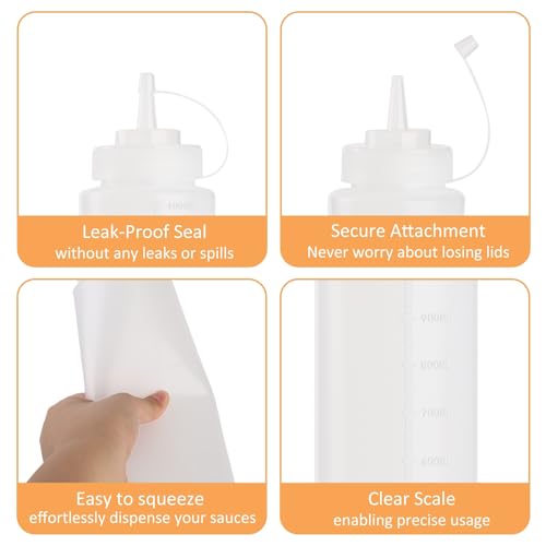 YBCPACK 4-Pack 32oz/1000ml Large Plastic Squeeze Bottles with Nozzles, Food Grade Refillable Sauce Bottles, Squeezy Condiment Dispenser for Sauces, Ketchup and Salad - Image 3