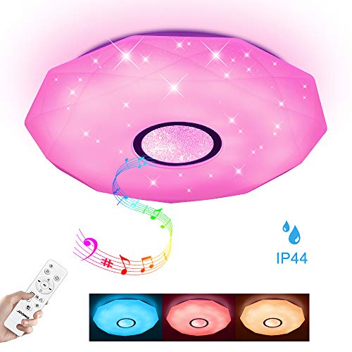 Preisvergleich Produktbild JDONG Bluetooth Deckenleuchte mit Lautsprecher und Fernbedienung 36W Farbwechsel, Sternen, dimmbar, Warmweiss- Kaltweiss, IP44 Wasserfest Badzimmerleuchte (ohne APP-Steuerung)