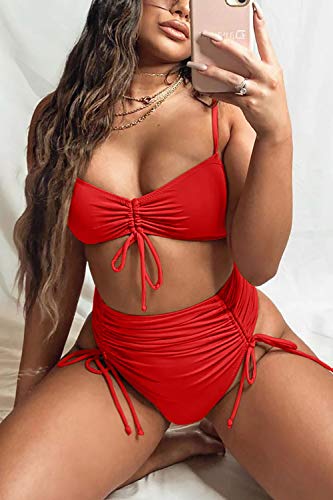Meyeeka Spaghetti Strap High Cut Thong Bikini Sets Ruched Tummy Control 2Pcs Swimwear For Women Red #TOP2