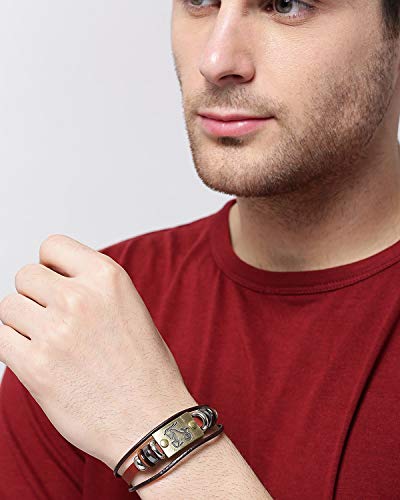 Image of Young & Forever Zodiac Sign Multi-Strand Genuine Leather Bracelet for Men & Boys - Adjustable Tribal Wristband with Antique Metal Charm