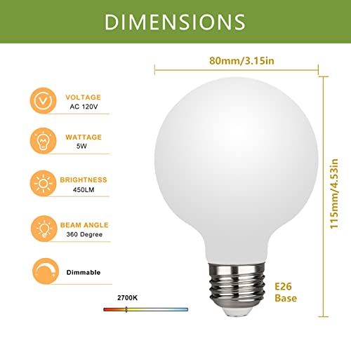 6 Pack G25(G80) Globe Led Light Bulbs, 5W Dimmable 40 Watt Equivalent Led Edison Bulbs, Warm White 2700K, 450Lm, E26 Base, Milky Led Filament Bulbs For Vanity Makeup Mirror Bathroom Bedroom #TOP1