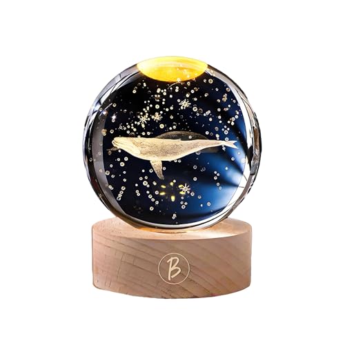 Image of 3D Whale Crystal Night Lamp, Glass Ball Table Lamp with Wooden Base, Perfect for bedrooms, Nurseries and Cozy Corners (Whale)